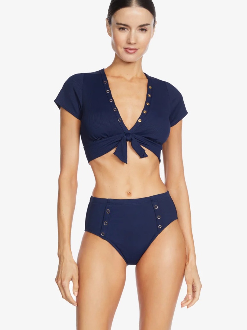 Robin Piccone Navy Tie-Front Short Sleeve Bikini Set